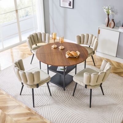 KELLANY Tisch- Und Stuhlset. Runder 107 Cm Esstisch In Nussbaum-optik Mit Doppelter Stauraum-ebene + 4 Hellbraune Stoff-esszimmerstühle Mit Blütenförmiger Rückenlehne – Ideal Für Kleine Wohnungen. KELLANY Tisch- Und Stuhlset. Runder 107 Cm Esstisch In Nussbaum-optik Mit Doppelter Stauraum-ebene + 4 Hellbraune Stoff-esszimmerstühle Mit Blütenförmiger Rückenlehne – Ideal Für Kleine Wohnungen.