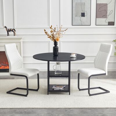 KELLANY Tisch- Und Stuhlset. Runder 107 Cm Esstisch Mit Doppelter Stauraum-ebene + 2 Weiße Esszimmerstühle Mit Rautenmuster, Mdf + Metall Im Industriestil, Geeignet Für Europäische Haushalte. KELLANY Tisch- Und Stuhlset. Runder 107 Cm Esstisch Mit Doppelter Stauraum-ebene + 2 Weiße Esszimmerstühle Mit Rautenmuster, Mdf + Metall Im Industriestil, Geeignet Für Europäische Haushalte.