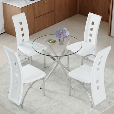 KELLANY Tisch- Und Stuhlset. 88 Cm Luxuriöser Esstisch Aus Gehärtetem Glas + 4 Weißen Esszimmerstühle Mit Geometrischem Lochmuster Aus Pu-leder. Modernes Schlichtes 1-tisch-4-stühle-set. KELLANY Tisch- Und Stuhlset. 88 Cm Luxuriöser Esstisch Aus Gehärtetem Glas + 4 Weißen Esszimmerstühle Mit Geometrischem Lochmuster Aus Pu-leder. Modernes Schlichtes 1-tisch-4-stühle-set.