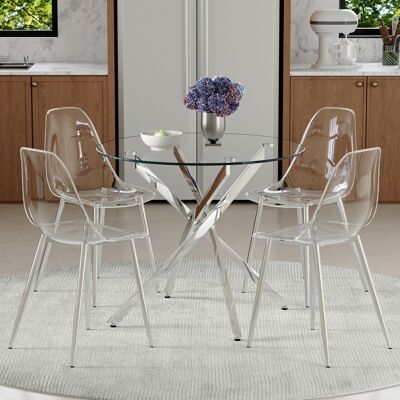 KELLANY Tisch- Und Stuhlset. 88 Cm Luxuriöser Esstisch Aus Gehärtetem Glas + 4 Transparente Kunststoff-esszimmerstühle. Modernes Schlichtes 1-tisch-4-stühle-set, Ideal Für Kleine Essbereiche. KELLANY Tisch- Und Stuhlset. 88 Cm Luxuriöser Esstisch Aus Gehärtetem Glas + 4 Transparente Kunststoff-esszimmerstühle. Modernes Schlichtes 1-tisch-4-stühle-set, Ideal Für Kleine Essbereiche.