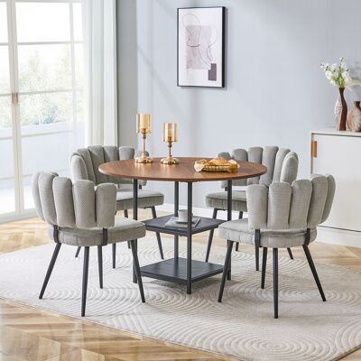 KELLANY Tisch- Und Stuhlset. Runder 107 Cm Esstisch In Nussbaum-optik Mit Doppelter Stauraum-ebene + 4 Graue Stoff-esszimmerstühle Mit Strukturierter Blütenförmiger Rückenlehne – Ideal Für Kleine Wohnungen. KELLANY Tisch- Und Stuhlset. Runder 107 Cm Esstisch In Nussbaum-optik Mit Doppelter Stauraum-ebene + 4 Graue Stoff-esszimmerstühle Mit Strukturierter Blütenförmiger Rückenlehne – Ideal Für Kleine Wohnungen.