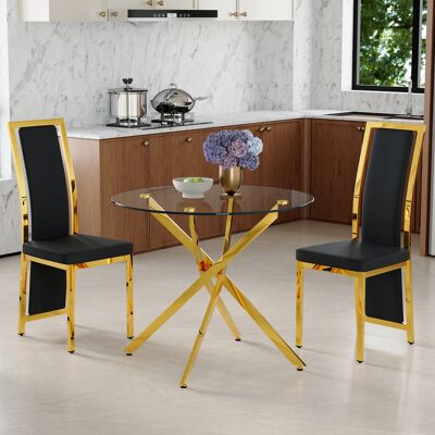 KELLANY Tisch- Und Stuhlset. 88 Cm Luxuriöser Esstisch Aus Gehärtetem Glas Mit Goldfarbenem Kreuzförmigem Metallgestell, Kombiniert Mit 2 Minimalistischen Schwarzen Pu-esszimmerstühlen Mit Goldener Kante. KELLANY Tisch- Und Stuhlset. 88 Cm Luxuriöser Esstisch Aus Gehärtetem Glas Mit Goldfarbenem Kreuzförmigem Metallgestell, Kombiniert Mit 2 Minimalistischen Schwarzen Pu-esszimmerstühlen Mit Goldener Kante.