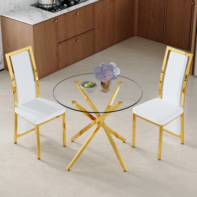 KELLANY Tisch- Und Stuhlset. 88 Cm Luxuriöser Esstisch Aus Gehärtetem Glas Mit Goldfarbenem Kreuzförmigem Metallgestell, Kombiniert Mit 2 Minimalistischen Weißen Pu-esszimmerstühlen Mit Goldener Kante. KELLANY Tisch- Und Stuhlset. 88 Cm Luxuriöser Esstisch Aus Gehärtetem Glas Mit Goldfarbenem Kreuzförmigem Metallgestell, Kombiniert Mit 2 Minimalistischen Weißen Pu-esszimmerstühlen Mit Goldener Kante.