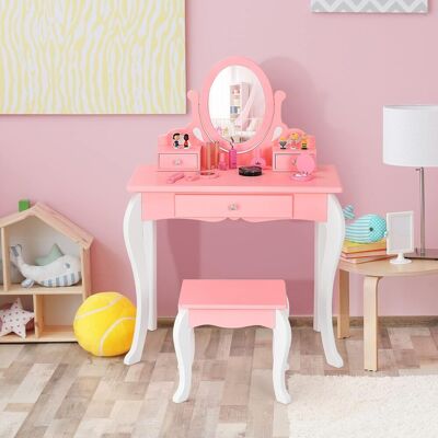 Costway - Kinder Schminktisch Mit Hocker, Prinzessin Frisiertisch Mit 3 Schublade & 360 ° Drehbarem Spiegel, Frisierkommode Rosa, Schminkkommode Für Maedchen Costway - Kinder Schminktisch Mit Hocker, Prinzessin Frisiertisch Mit 3 Schublade & 360 ° Drehbarem Spiegel, Frisierkommode Rosa, Schminkkommode Für Maedchen