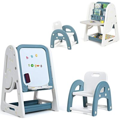 Costway - 2 In 1 Kinder Staffelei & Kindersitzgruppe Mit Buecherregal, Kindertisch & -stuhl Mit Aufbewahrungsablage Und Klappbarer Tischplatte, Magnetische Standtafel Mit Malzubehoer Blau Costway - 2 In 1 Kinder Staffelei & Kindersitzgruppe Mit Buecherregal, Kindertisch & -stuhl Mit Aufbewahrungsablage Und Klappbarer Tischplatte, Magnetische Standtafel Mit Malzubehoer Blau