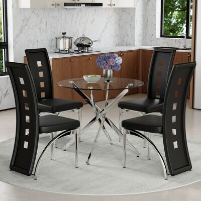 KELLANY Tisch- Und Stuhlset. 88 Cm Luxuriöser Esstisch Aus Gehärtetem Glas + 4 Schwarze Esszimmerstühle Mit Geometrischem Lochmuster Aus Pu-leder. Modernes Schlichtes 1-tisch-4-stühle-set. KELLANY Tisch- Und Stuhlset. 88 Cm Luxuriöser Esstisch Aus Gehärtetem Glas + 4 Schwarze Esszimmerstühle Mit Geometrischem Lochmuster Aus Pu-leder. Modernes Schlichtes 1-tisch-4-stühle-set.