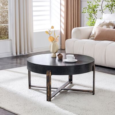 KELLANY Runder Couchtisch (68 Cm Durchmesser) Im Retro-industriestil. Schwarze Holzmuster-mdf-tischplatte, Metallfarbenes Kreuzgestell In Antikbronze, Geeignet Für Wabi-sabi-/industriestil.beistelltisch KELLANY Runder Couchtisch (68 Cm Durchmesser) Im Retro-industriestil. Schwarze Holzmuster-mdf-tischplatte, Metallfarbenes Kreuzgestell In Antikbronze, Geeignet Für Wabi-sabi-/industriestil.beistelltisch