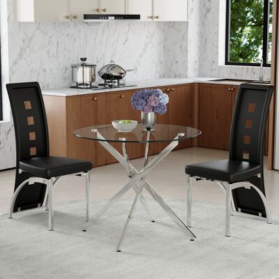 KELLANY Tisch- Und Stuhlset. 88 Cm Luxuriöser Esstisch Aus Gehärtetem Glas + 2 Schwarze Esszimmerstühle Mit Geometrischem Lochmuster Aus Pu-leder. Modernes Schlichtes 1-tisch-2-stühle-set. KELLANY Tisch- Und Stuhlset. 88 Cm Luxuriöser Esstisch Aus Gehärtetem Glas + 2 Schwarze Esszimmerstühle Mit Geometrischem Lochmuster Aus Pu-leder. Modernes Schlichtes 1-tisch-2-stühle-set.