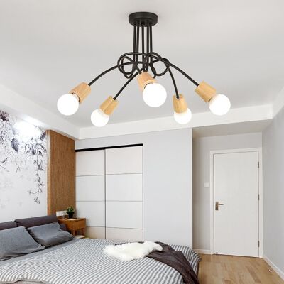 WOTTES Deckleuchte Vintage Industriell Stil Deckenlampe Spinne Eisen Kronleuchter Mit E27 Fassung Innen Für Wohnzimmer Schlafzimmer 5 Flammig Schwarz Und Holz - 5 Bras, Fet Et Bois WOTTES Deckleuchte Vintage Industriell Stil Deckenlampe Spinne Eisen Kronleuchter Mit E27 Fassung Innen Für Wohnzimmer Schlafzimmer 5 Flammig Schwarz Und Holz - 5 Bras, Fet Et Bois