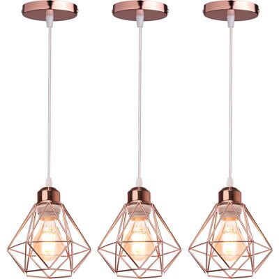 STOEX 3pcs Industrielle Pendelleuchten, Roségold Hängelampe Aus Metall E27 Vintage Hängeleuchte Im Diamant Käfig Für Küche Wohnzimmer Esszimmer Cafét STOEX 3pcs Industrielle Pendelleuchten, Roségold Hängelampe Aus Metall E27 Vintage Hängeleuchte Im Diamant Käfig Für Küche Wohnzimmer Esszimmer Cafét
