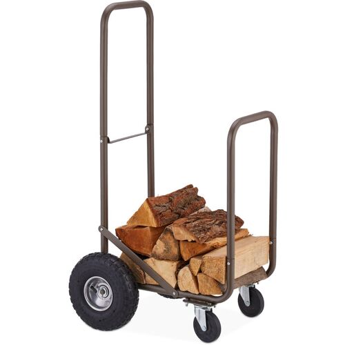 Kaminholzwagen mit Luftreifen, 360° Rollen, Holzwagen bis 60 kg, für 33 cm Scheite, Brennholz-Sackkarre, braun - Relaxdays