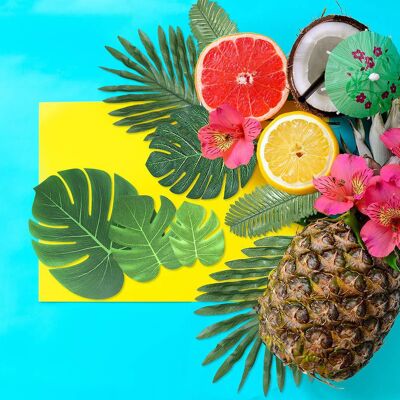 JUTE Set Künstlicher Tropenpflanzen (palmen- Und Monsterablätter) - Hawaiianische Strand- Und Dschungeldekoration (10 Pflanzen, 70 Teile) JUTE Set Künstlicher Tropenpflanzen (palmen- Und Monsterablätter) - Hawaiianische Strand- Und Dschungeldekoration (10 Pflanzen, 70 Teile)