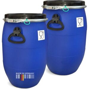 PLASTEO 2 Stück: 60 l Weithalsfass mit Spannverschluss 100% Lebensmittelecht Universalfass Futtertonne Regen Maische Tierfutter Trinkwasser Camping Lagerfass