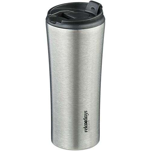 Relaxdays Thermobecher, 400 ml, für Heiß- & Kaltgetränke, dichter Kaffeebecher aus Edelstahl, BPA-frei, silber/schwarz
