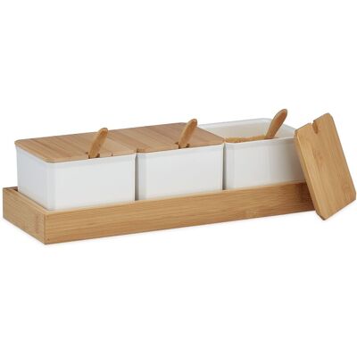 Gewürzbehälter 3er Set, Gewürzdosen Mit Löffel & Deckel, Kunststoff, Bambus, Zuckerdosen Mit Tablett, Weiß - Relaxdays Gewürzbehälter 3er Set, Gewürzdosen Mit Löffel & Deckel, Kunststoff, Bambus, Zuckerdosen Mit Tablett, Weiß - Relaxdays