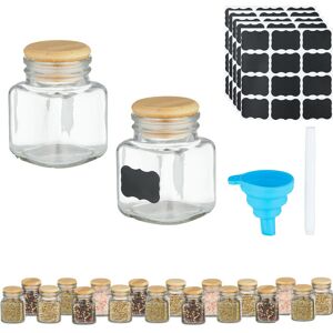 Relaxdays Gewürzgläser 20er Set, eckig, Gewürzdosen Glas, 100 ml, mit Etiketten, Stift & Trichter, transparent/natur