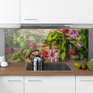 MICASIA Spritzschutz Glas - Blumen Himbeeren Minze - Panorama Quer Größe HxB: 40cm x 100cm