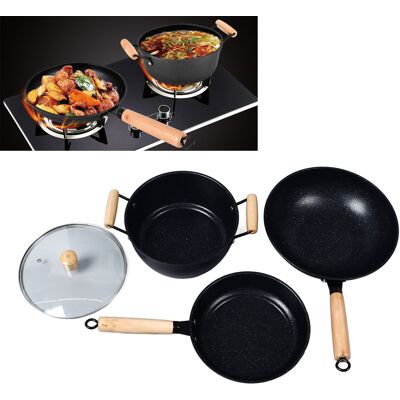 JUTE Maifan Dreiteiliges Steinkochgeschirr-set: Wok, Bratpfanne, Stieltopf, Antihaftbeschichtete Pfanne JUTE Maifan Dreiteiliges Steinkochgeschirr-set: Wok, Bratpfanne, Stieltopf, Antihaftbeschichtete Pfanne