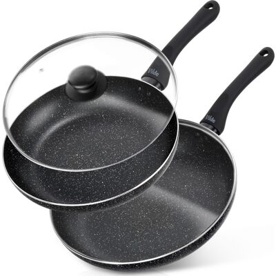 OEM Set Aus Granit-bratpfannen Mit Glasdeckeln, Schwarzer Rand, 24/28 Cm, 2 Stück. OEM Set Aus Granit-bratpfannen Mit Glasdeckeln, Schwarzer Rand, 24/28 Cm, 2 Stück.