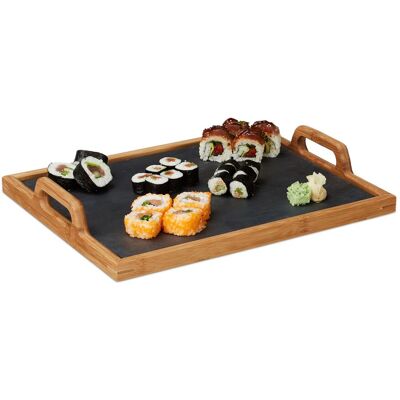 Relaxdays - 2 X Serviertablett Bambus, Mit Schieferplatte, 2 Henkel, Deko Accessoire, Küche, H X B X T: 6 X 40,5 X 32 Cm, Natur Relaxdays - 2 X Serviertablett Bambus, Mit Schieferplatte, 2 Henkel, Deko Accessoire, Küche, H X B X T: 6 X 40,5 X 32 Cm, Natur