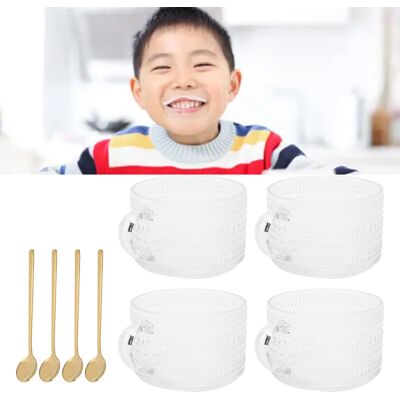JUTE 450-ml-frühstücksbecher Mit Nordischem Prägemuster, Haferflockenbecher, Becher Mit Retro-henkel, Durchsichtiger Latte-becher Im Französischen Stil, 4-teiliges Set Mit Polka-dots + 4 Löffel JUTE 450-ml-frühstücksbecher Mit Nordischem Prägemuster, Haferflockenbecher, Becher Mit Retro-henkel, Durchsichtiger Latte-becher Im Französischen Stil, 4-teiliges Set Mit Polka-dots + 4 Löffel