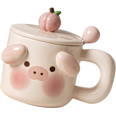 JUTE Niedlicher Keramik-kaffeebecher, Damenbecher Mit Deckel Und Löffel, Milchbecher Fürs Frühstück, Becher Mit Cartoon-motiv Für Paare, Trinkbecher Für Zuhause, Mit Cartoon-schweine-motiv. JUTE Niedlicher Keramik-kaffeebecher, Damenbecher Mit Deckel Und Löffel, Milchbecher Fürs Frühstück, Becher Mit Cartoon-motiv Für Paare, Trinkbecher Für Zuhause, Mit Cartoon-schweine-motiv.