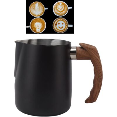 JUTE Latte-art-becher Mit Holzgriff, Spitzem Ausguss, Integriertem Messbecher, Eleganter Kaffeebecher, Milchaufschäumer, Mattschwarz, 1000 Ml JUTE Latte-art-becher Mit Holzgriff, Spitzem Ausguss, Integriertem Messbecher, Eleganter Kaffeebecher, Milchaufschäumer, Mattschwarz, 1000 Ml