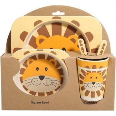OEM Kindergeschirr-set – Bambusfaser – Gelbes Löwenmotiv – 5-teilig: Teller, Tasse, Schüssel, Löffel, Gabel OEM Kindergeschirr-set – Bambusfaser – Gelbes Löwenmotiv – 5-teilig: Teller, Tasse, Schüssel, Löffel, Gabel