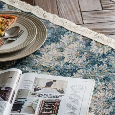 HEAT Tischläufer Aus Jute Mit Jacquard-sonnenblumenmuster Im Amerikanischen Stil, Mit Quasten, Für Die Tischdekoration Bei Partys, Blaue Chrysantheme, 30 X 120 Cm / 11,8 X 47,2 Zoll HEAT Tischläufer Aus Jute Mit Jacquard-sonnenblumenmuster Im Amerikanischen Stil, Mit Quasten, Für Die Tischdekoration Bei Partys, Blaue Chrysantheme, 30 X 120 Cm / 11,8 X 47,2 Zoll
