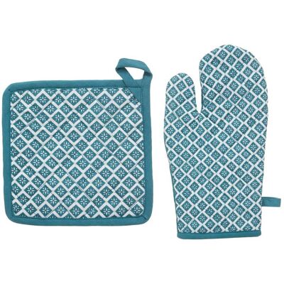 Atmosphera - Handschuh Und Topflappen Mit Tikal-aufdruck - Duckblau - Baumwolle Créateur D'Intérieur Atmosphera - Handschuh Und Topflappen Mit Tikal-aufdruck - Duckblau - Baumwolle Créateur D'Intérieur