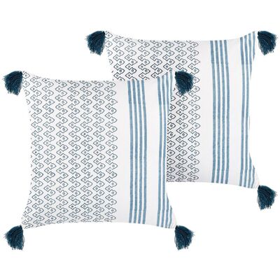 Beliani Baumwollkissen Set 2 Geometrisch Blau Beliani Baumwollkissen Set 2 Geometrisch Blau