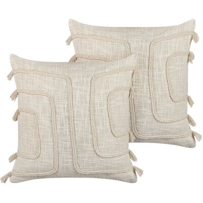 BELIANI Dekokissen 2er Set Pleione Baumwolle 45 X 45 Cm Hellbeige Geometrisches Muster BELIANI Dekokissen 2er Set Pleione Baumwolle 45 X 45 Cm Hellbeige Geometrisches Muster