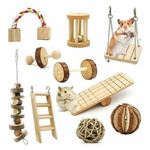 ETING 10er Pack Hamster, Meerschweinchen Kauspielzeug Natürliches Holzspielzeug Gerbil Ratten Chinchillas Spielzeug Zubehör Hanteln Übung Glocke Roller