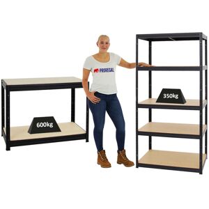 PROREGAL - PREISWERTE QUALITÄT Proregal Mega Deal 1x Schwerlastregal Slim Elephant m & 1x Höhenverstellbare Werkbank Slim dino Fachlast bis zu 600kg Schwarz - Schwarz