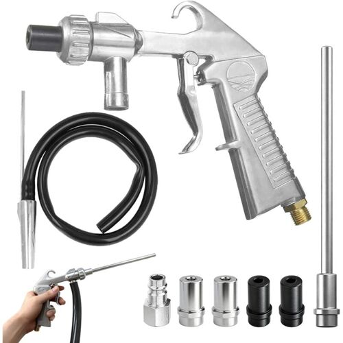 DOLASO Sandstrahlpistole Druckluft Set, Langer Sandstrahldüse und Metalldüsen von 5MM/6MM Kaliber, mit Siphon-Zufuhr, Düse, Entfettungsmittel und