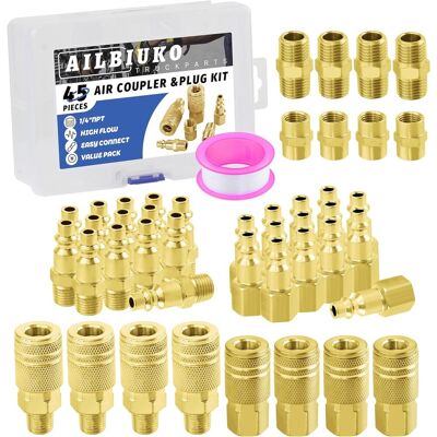 XISRENS Luftkupplungs- Und Steckerset, 45-teiliges 1/4"-npt-druckluftwerkzeug-anschlussset, Schnellkupplungs-druckluftschlauchanschlüsse, Zubehör Für Luftkompressoren XISRENS Luftkupplungs- Und Steckerset, 45-teiliges 1/4"-npt-druckluftwerkzeug-anschlussset, Schnellkupplungs-druckluftschlauchanschlüsse, Zubehör Für Luftkompressoren