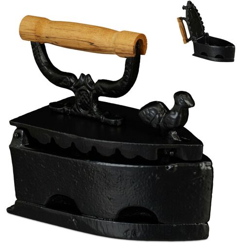 Relaxdays - Deko Bügeleisen, Antik-Design, Plätteisen mit Holzgriff, Nostalgie Kohlebügeleisen, Iron, Gusseisen, schwarz