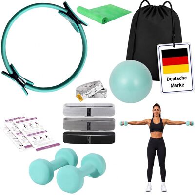 Relaxdays Pilates Set, 11-teilig, Ring, Ball, 4 Widerstandsbänder, 2 Hanteln, Tasche, Pilateszubehör Für Zuhause, Grün Relaxdays Pilates Set, 11-teilig, Ring, Ball, 4 Widerstandsbänder, 2 Hanteln, Tasche, Pilateszubehör Für Zuhause, Grün