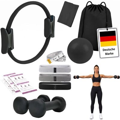 Relaxdays Pilates Set, 11-teilig, Ring, Ball, 4 Widerstandsbänder, 2 Hanteln, Tasche, Pilateszubehör Zuhause, Schwarz Relaxdays Pilates Set, 11-teilig, Ring, Ball, 4 Widerstandsbänder, 2 Hanteln, Tasche, Pilateszubehör Zuhause, Schwarz