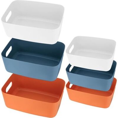 OEM Set Mit 6 Aufbewahrungskörben Aus Kunststoff Mit Griffen – 3 Größen: 25 X 18 X 10 Cm Und 20 X 15 X 8 Cm – Farben: Weiß, Dunkelblau, Orange OEM Set Mit 6 Aufbewahrungskörben Aus Kunststoff Mit Griffen – 3 Größen: 25 X 18 X 10 Cm Und 20 X 15 X 8 Cm – Farben: Weiß, Dunkelblau, Orange