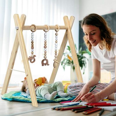 Costway - Baby Spielbogen Holz, Spieltrapez Klappbar, Baby Gym Mit 3 Abnehmbaren Kinderspielzeugen, Spieltrapez Für Babys Über 3 Monate, Holzspielzeug Zur Gehirnentwicklung Natur Costway - Baby Spielbogen Holz, Spieltrapez Klappbar, Baby Gym Mit 3 Abnehmbaren Kinderspielzeugen, Spieltrapez Für Babys Über 3 Monate, Holzspielzeug Zur Gehirnentwicklung Natur