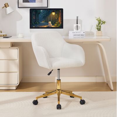BEAOK Buerostuhl Aus Teddy-stoff In Elfenbein, Hoehenverstellbar, 360° Drehbar, Goldene Basis, 58 X 58 X 86 Cm BEAOK Buerostuhl Aus Teddy-stoff In Elfenbein, Hoehenverstellbar, 360° Drehbar, Goldene Basis, 58 X 58 X 86 Cm