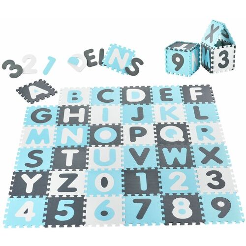 Juskys Kinder Puzzlematte Noah – blau für Jungen – 36 Teile mit Buchstaben a-z & Zahlen 0-9 – ab 10 Monate – Schaumstoff Puzzle Spielmatte rutschfest