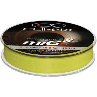 Climax miG 8 Braid rundgeflochten Farbe Fluo-Gelb 275m ø 0,25mm Tragkraft 24,5kg Climax miG 8 Braid rundgeflochten Farbe Fluo-Gelb 275m ø 0,25mm Tragkraft 24,5kg