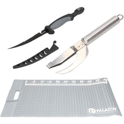 Paladin Ausnehm- & Filetier-Set Filetiermesser mit Auskratzer + Anti-Rutsch-Matte + Fischschupper Paladin Ausnehm- & Filetier-Set Filetiermesser mit Auskratzer + Anti-Rutsch-Matte + Fischschupper