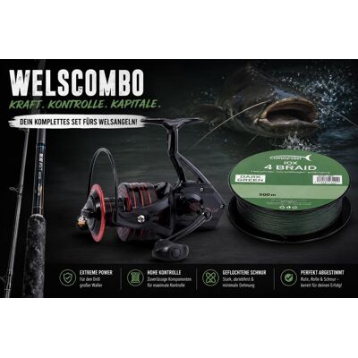 Waller-Set VI: Cormoran Big Cat Long Range 3.00m 200-600g Wallerrute + Unicat Rolle Verjical Pro Wallerrolle + Corofish IOX 4 Braid 500m/0.30mm Darkgreen geflochtene Schnur Waller-Set VI: Cormoran Big Cat Long Range 3.00m 200-600g Wallerrute + Unicat Rolle Verjical Pro Wallerrolle + Corofish IOX 4 Braid 500m/0.30mm Darkgreen geflochtene Schnur