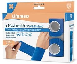 Lifemed Pflasterverbände selbsthaftend 5 m x 5 cm blau 6er Pack 12 x 6 Rollen = 72 Rollen