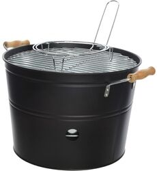 GAUMENKICK Mini Eimergrill - Kohlegrill - H:24cm - inkl. Grill- u.Kohlerost - Holztragegriff - Metall - schwarz