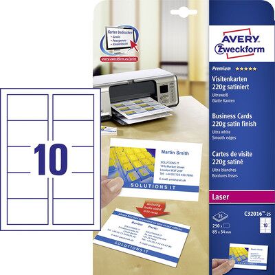 Avery Zweckform Zweckform C32016-25 Premium Visitenkarten, 85 X 54 Mm, Beidseitig Beschichtet, 250 Karten / 25 Bogen Avery Zweckform Zweckform C32016-25 Premium Visitenkarten, 85 X 54 Mm, Beidseitig Beschichtet, 250 Karten / 25 Bogen