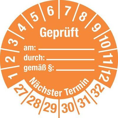 Nobrand Prüfplakette "Geprüft Am/nächster Termin", 27 - 32, Orange, Folie, Sk, 30 Mm, Ve = 5 Bogen À 15 St. Nobrand Prüfplakette "Geprüft Am/nächster Termin", 27 - 32, Orange, Folie, Sk, 30 Mm, Ve = 5 Bogen À 15 St.